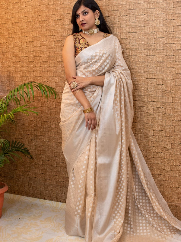 Banarasi Cotton Silk  Saree With Silver Zari Weaving- Pale White