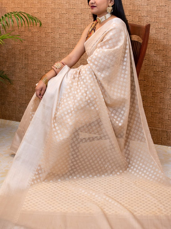 Banarasi Cotton Silk  Saree With Silver Zari Weaving- Pale White