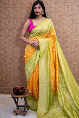 Banarasi Semi Silk Bandhini Saree With Zari Jaal Weaving-Yellow & Green
