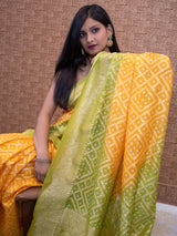 Banarasi Semi Silk Bandhini Saree With Zari Jaal Weaving-Yellow & Green