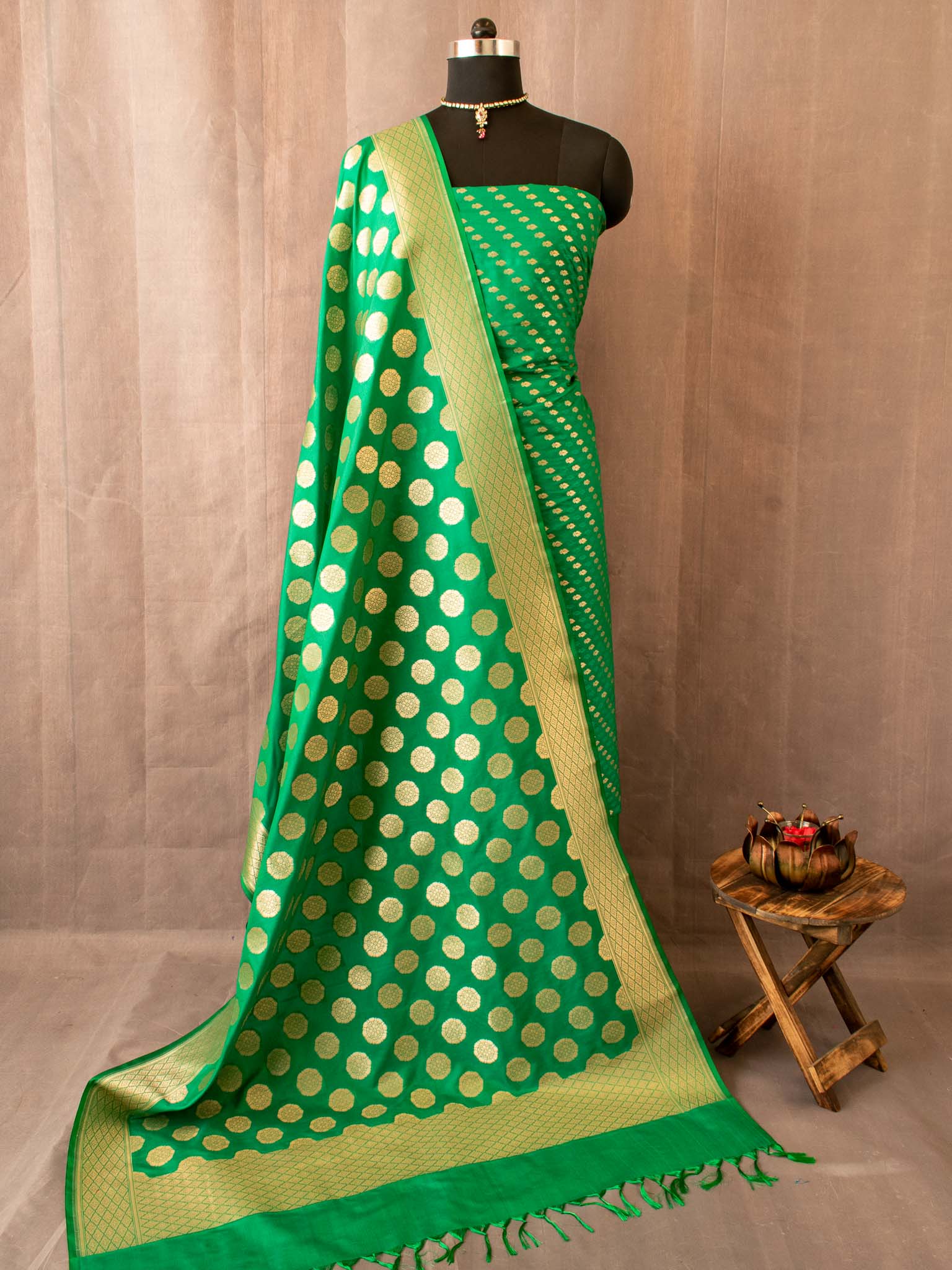 Banarasi Art Silk Salwar Kameez Fabric With Zari Weaving-Green