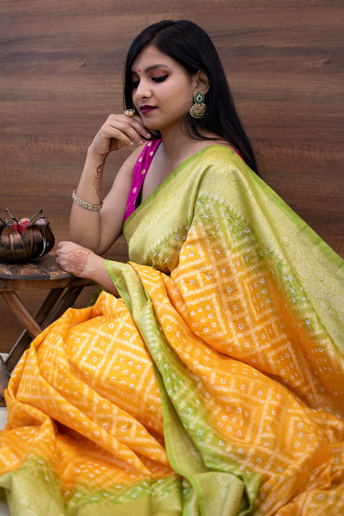 Banarasi Semi Silk Bandhini Saree With Zari Jaal Weaving-Yellow & Green