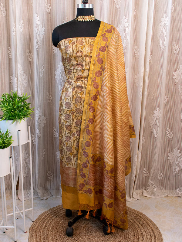 Banarasi Pure Silk Dual Shade Printed Salwar Kameez With  Dupatta-Yellow