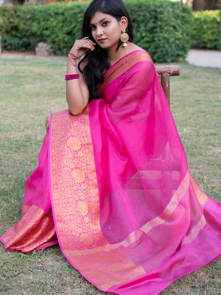 Banarasi Semi Chiffon Plain Saree Antique Zari Buti Weaving Border-Pink