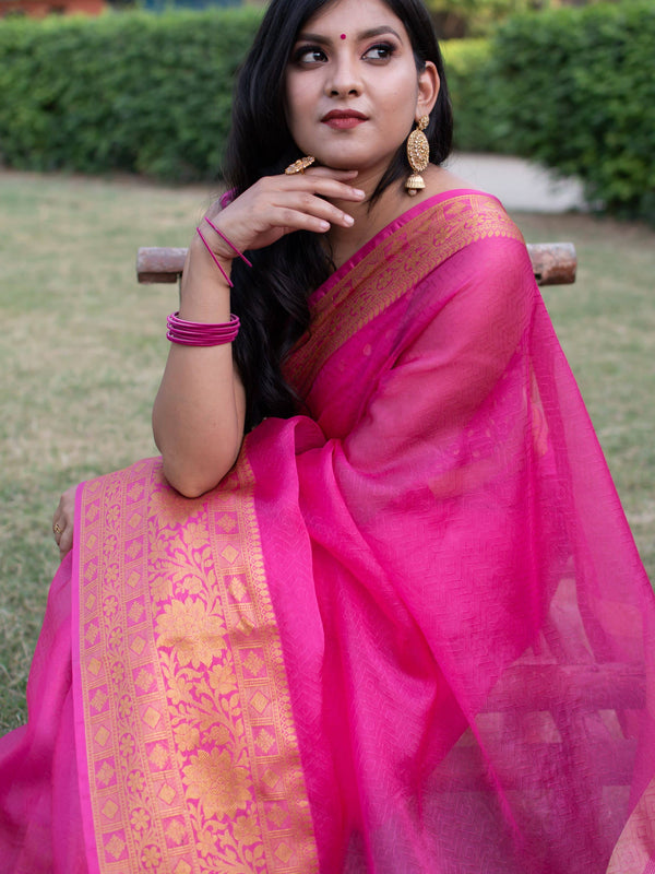 Banarasi Semi Chiffon Plain Saree Antique Zari Buti Weaving Border-Pink