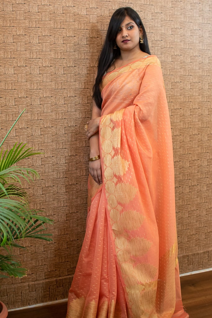 Banarasi Cotton Mix Saree With Floral Border-Peach