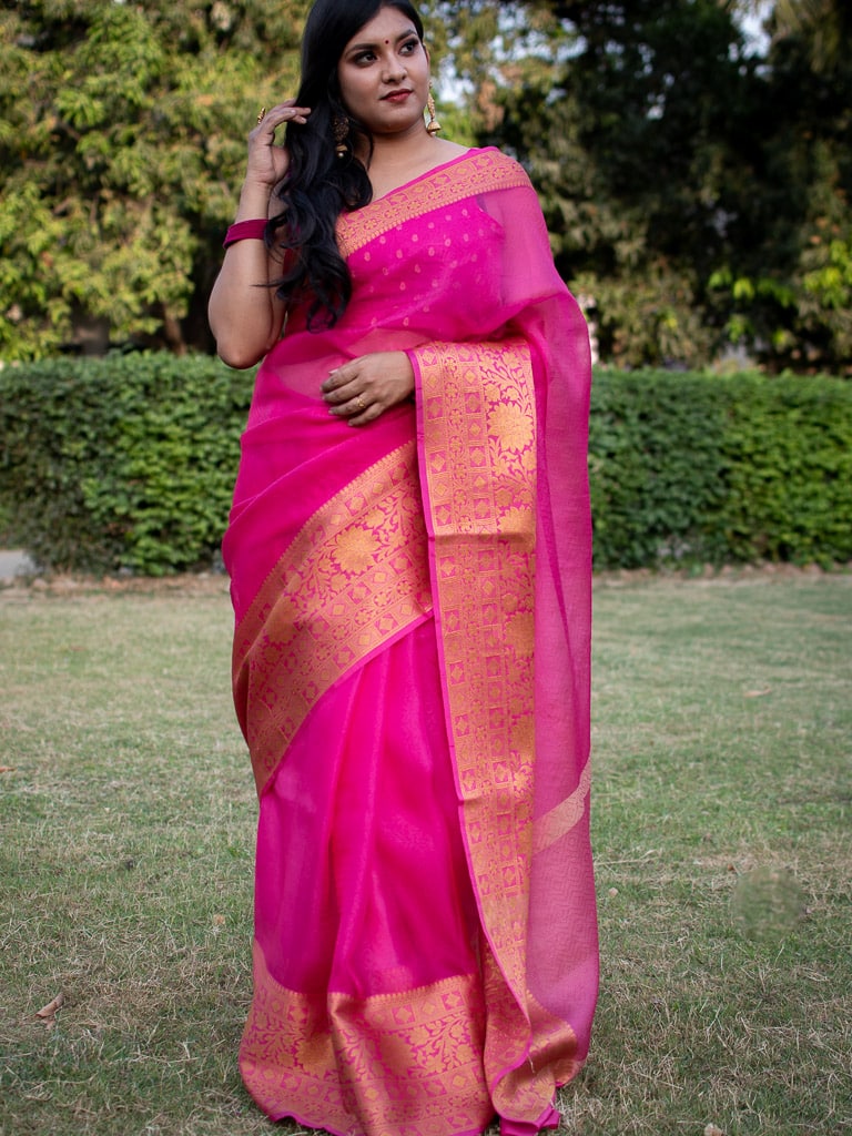 Banarasi Semi Chiffon Plain Saree Antique Zari Buti Weaving Border-Pink