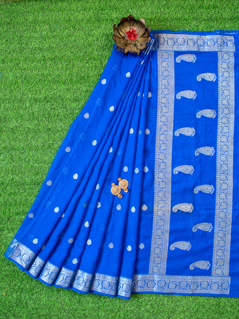 Banarasi Semi Silk Saree With Silver Zari Buti Weaving & Paisley Border-Royal Blue