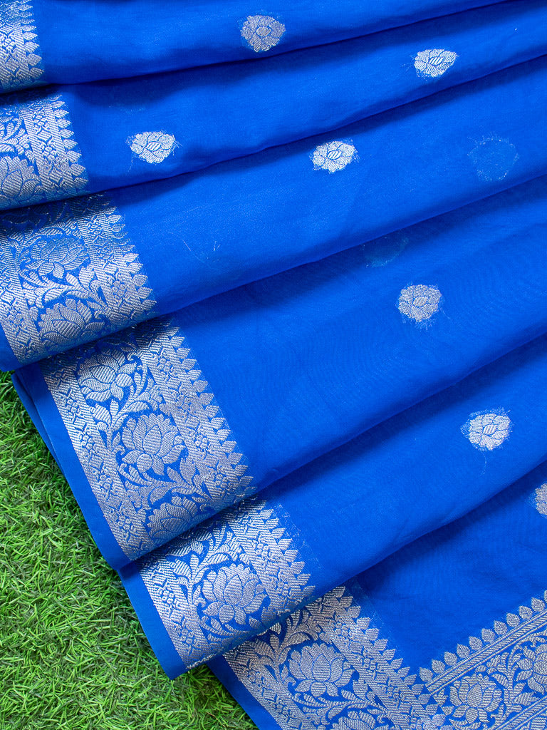 Banarasi Semi Silk Saree With Silver Zari Buti Weaving & Paisley Border-Royal Blue