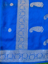 Banarasi Semi Silk Saree With Silver Zari Buti Weaving & Paisley Border-Royal Blue
