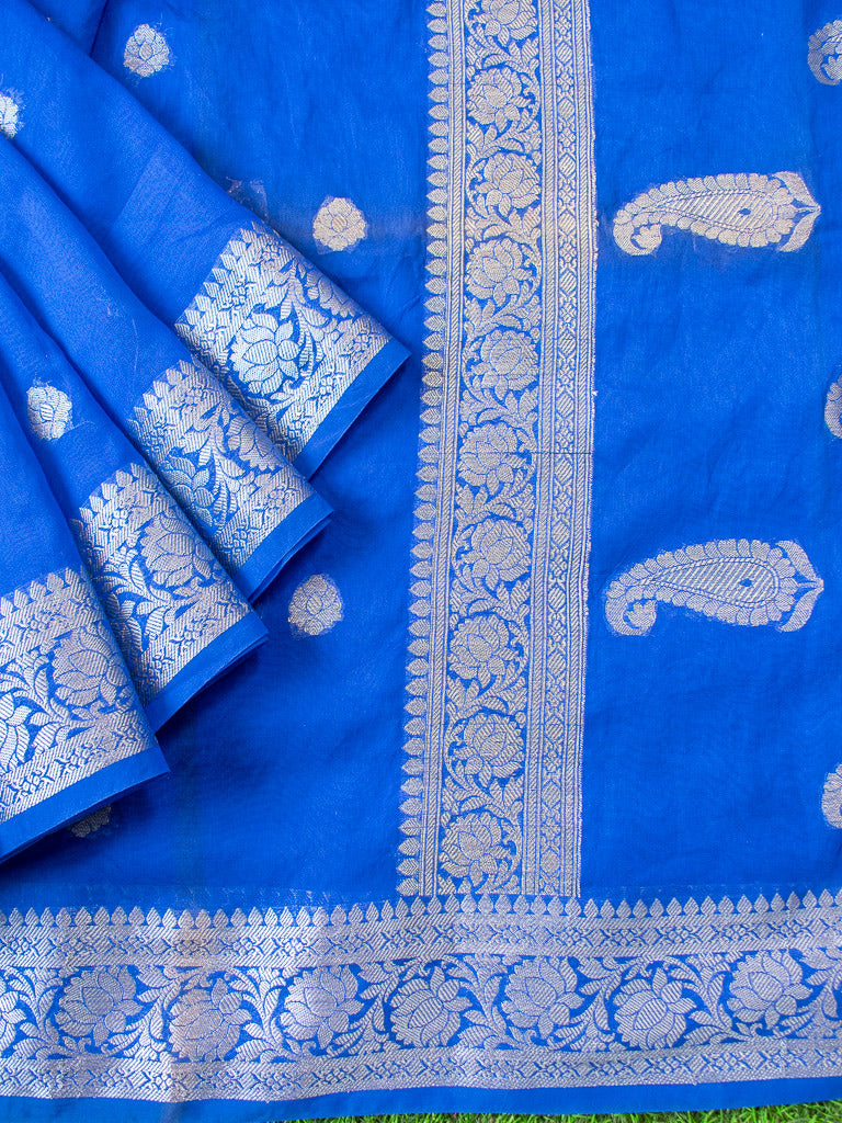 Banarasi Semi Silk Saree With Silver Zari Buti Weaving & Paisley Border-Royal Blue