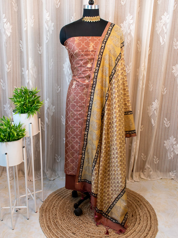 Banarasi Pure Silk Dual Shade Printed Salwar Kameez With  Dupatta-Brown
