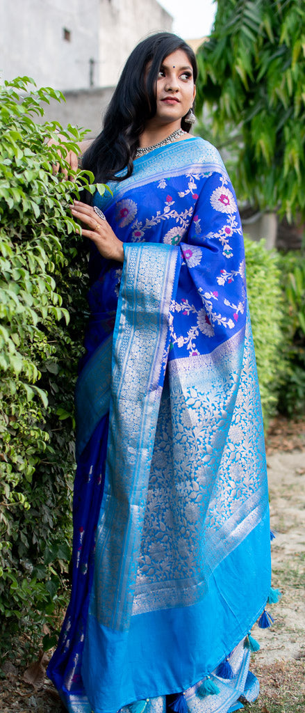 Banarasi Semi Silk Saree With Jaal Zari & Meena Weaving & Contrast Border-Blue