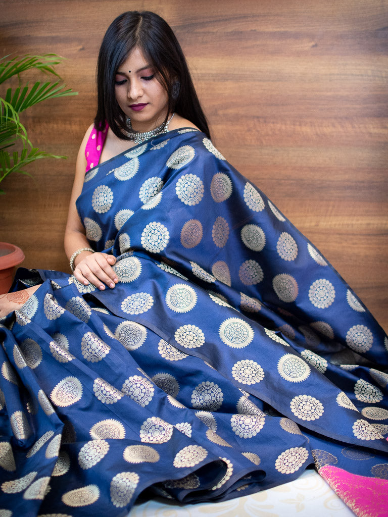Banarasi Semi Silk Saree With Round Buta & Contrast Pallu-Blue & Pink