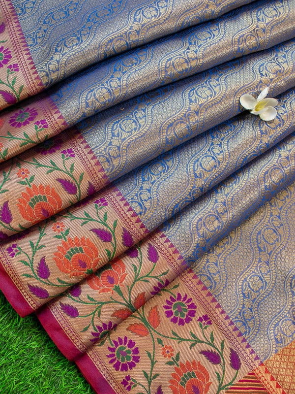 Banarasi Kora Muslin Saree With Tanchoi Weaving & Contrast  Border-Blue