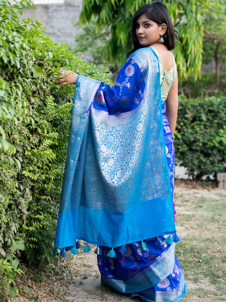 Banarasi Semi Silk Saree With Jaal Zari & Meena Weaving & Contrast Border-Blue