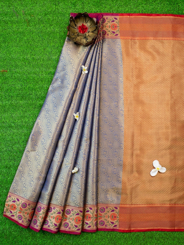 Banarasi Kora Muslin Saree With Tanchoi Weaving & Contrast  Border-Blue