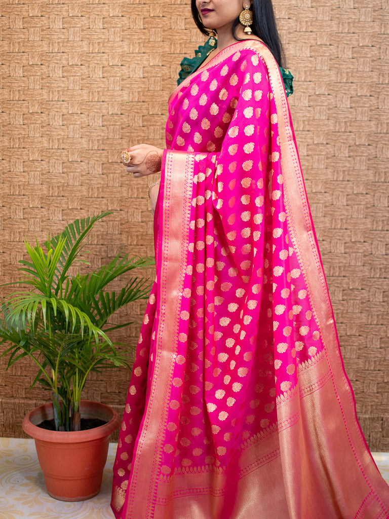 Banarasi Semi Silk Saree With Zari Buti Weaving-Hot Pink