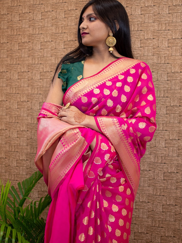 Banarasi Semi Silk Saree With Zari Buti Weaving-Hot Pink