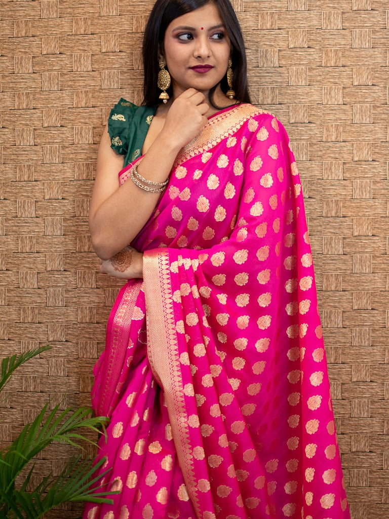 Banarasi Semi Silk Saree With Zari Buti Weaving-Hot Pink