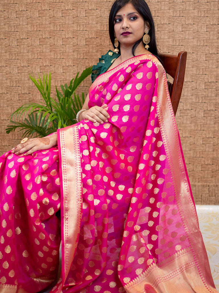 Banarasi Semi Silk Saree With Zari Buti Weaving-Hot Pink