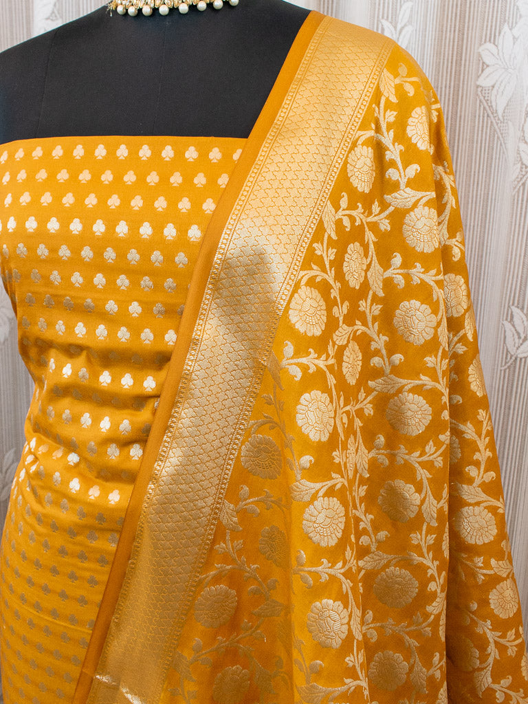 Banarasi Art katan Silk Salwar Kameez Fabric With Jaal Dupatta-Mustard Yellow