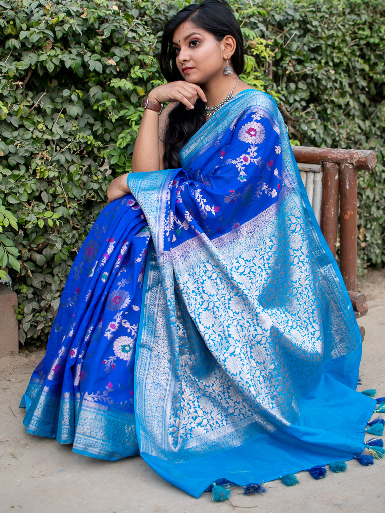 Banarasi Semi Silk Saree With Jaal Zari & Meena Weaving & Contrast Border-Blue