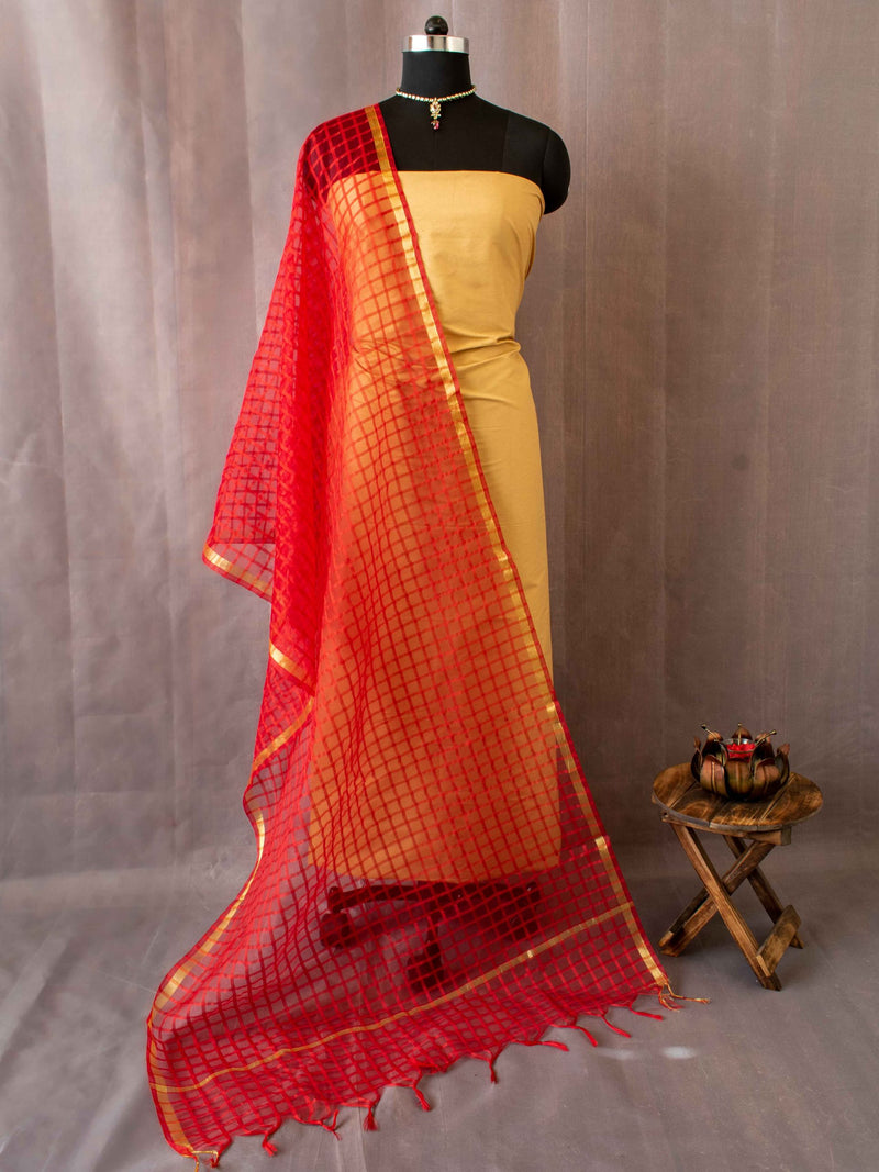 Banarasi Semi Organza Check Dupatta-Red