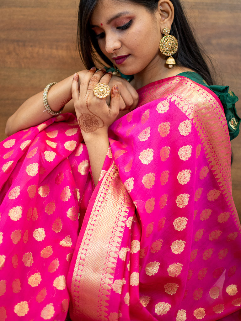 Banarasi Semi Silk Saree With Zari Buti Weaving-Hot Pink