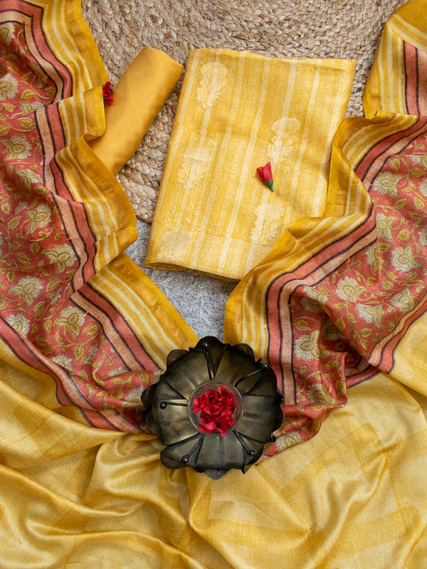 Banarasi Pure Silk Dual Shade Printed Salwar Kameez With  Dupatta-Yellow
