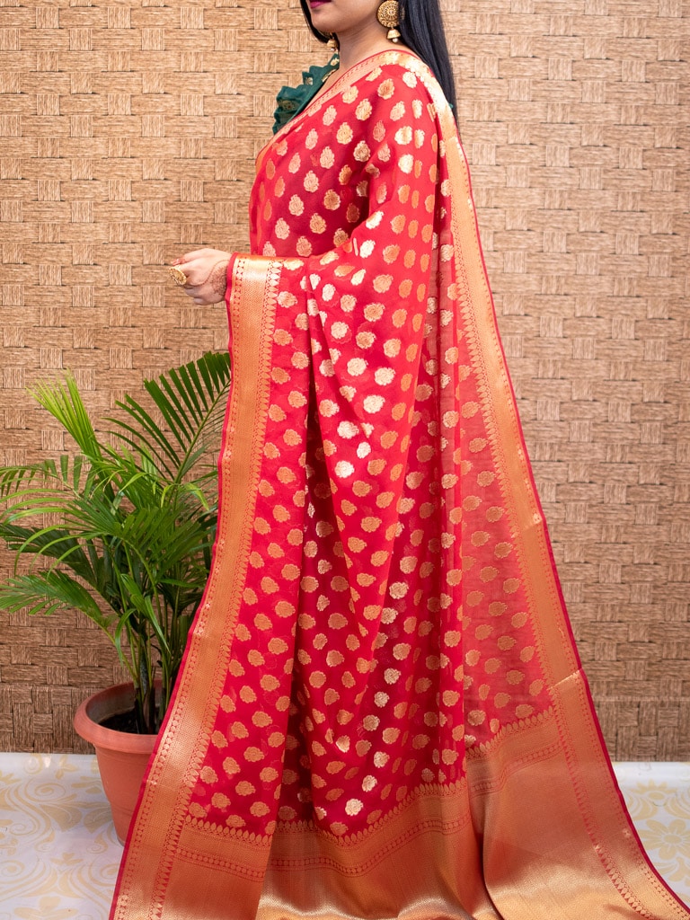 Banarasi Semi Silk Saree With Zari Buti Weaving-Red