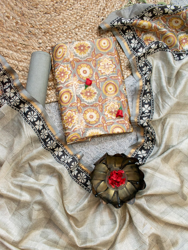 Banarasi Pure Silk Dual Shade Printed Salwar Kameez With  Dupatta-Grey