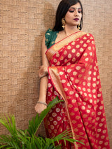 Banarasi Semi Silk Saree With Zari Buti Weaving-Red