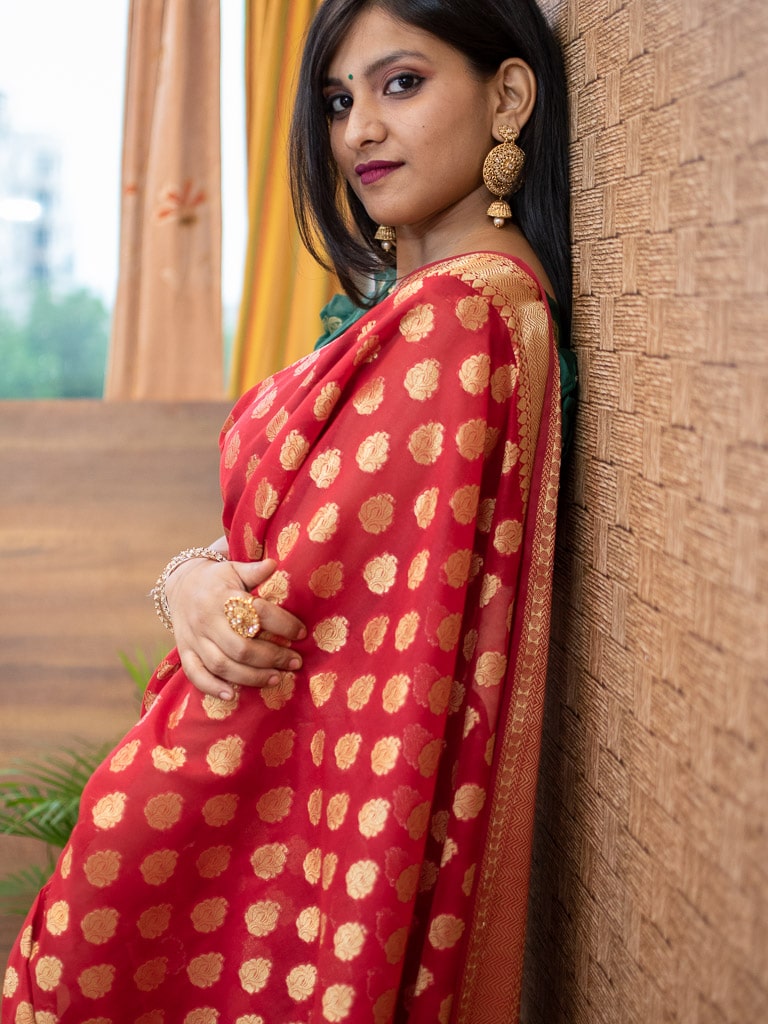 Banarasi Semi Silk Saree With Zari Buti Weaving-Red