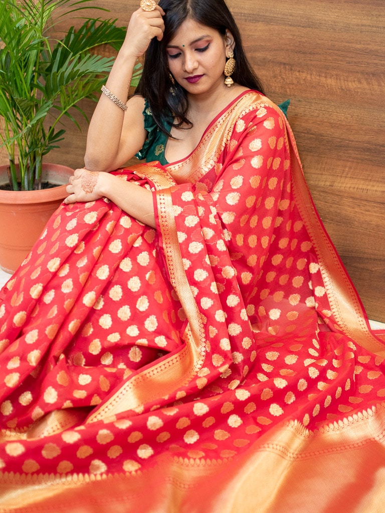 Banarasi Semi Silk Saree With Zari Buti Weaving-Red