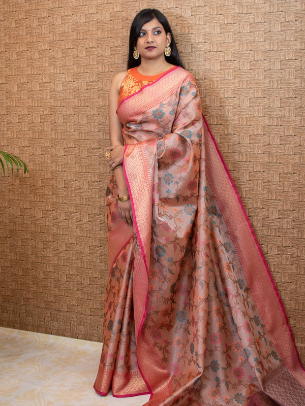 Banarasi Tissue Saree With Resham Floral Jaal Weaving-Peach