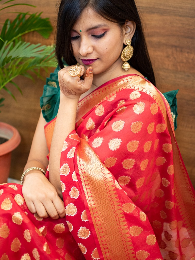 Banarasi Semi Silk Saree With Zari Buti Weaving-Red