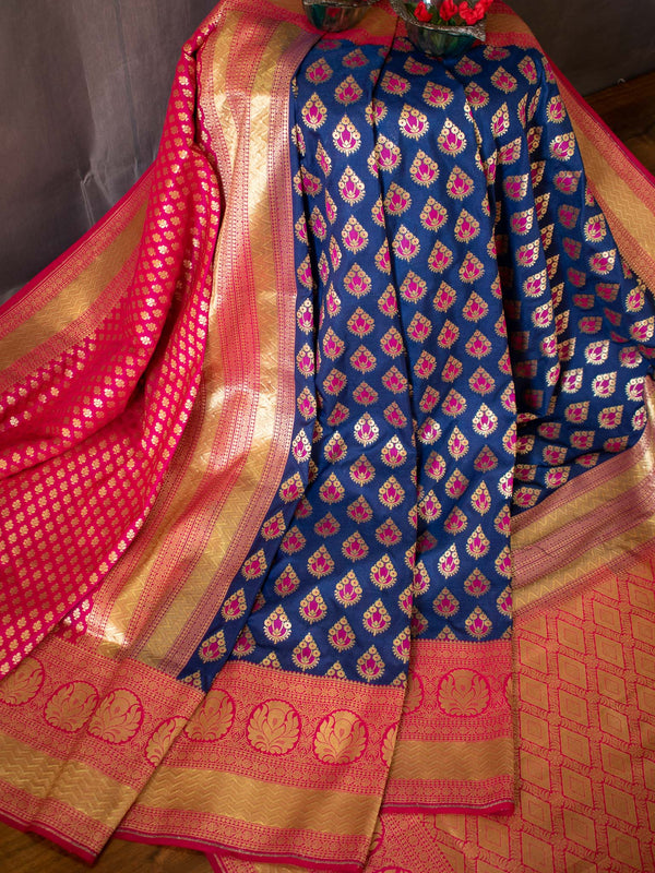 Banarasi Art Silk Half & Half Saree With Meenakari Weaving-Pink & Navy Blue