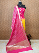 Banarasi Pure Cotton Silk Dual Shade Salwar Kameez Material With Silver Zari Weaving-Yellow & Pink