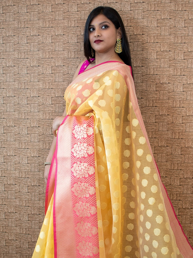 Banarasi Organza Mix Saree With Contrast Border-Yellow