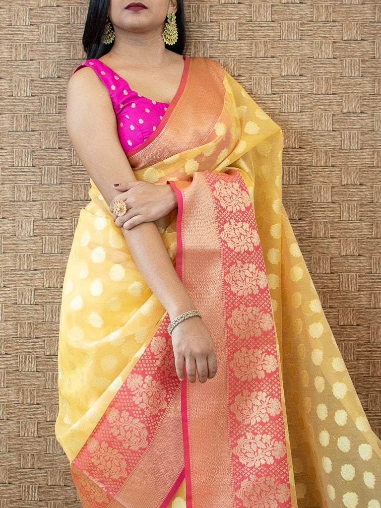 Banarasi Organza Mix Saree With Contrast Border-Yellow