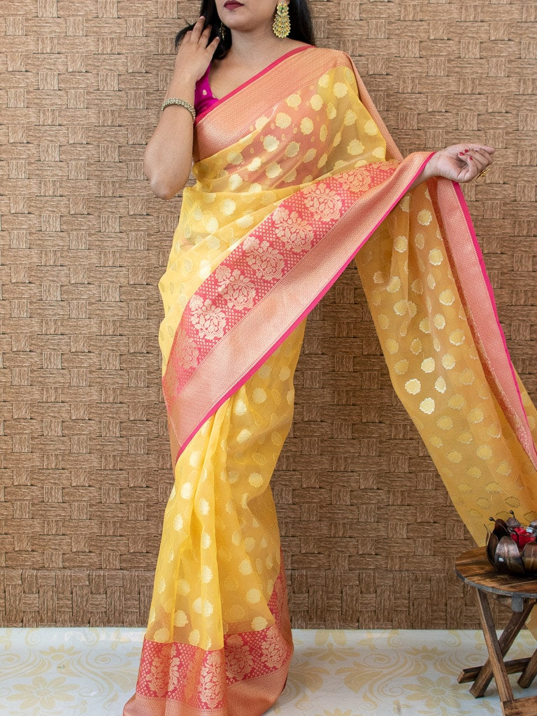 Banarasi Organza Mix Saree With Contrast Border-Yellow