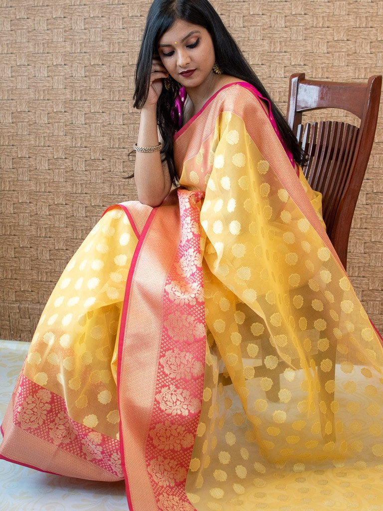 Banarasi Organza Mix Saree With Contrast Border-Yellow