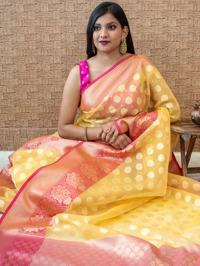 Banarasi Organza Mix Saree With Contrast Border-Yellow