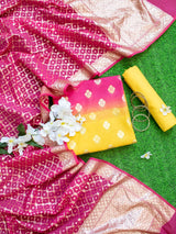 Banarasi Pure Cotton Silk Dual Shade Salwar Kameez Material With Silver Zari Weaving-Yellow & Pink