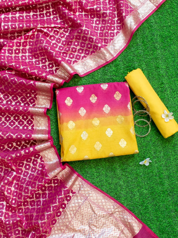 Banarasi Pure Cotton Silk Dual Shade Salwar Kameez Material With Silver Zari Weaving-Yellow & Pink