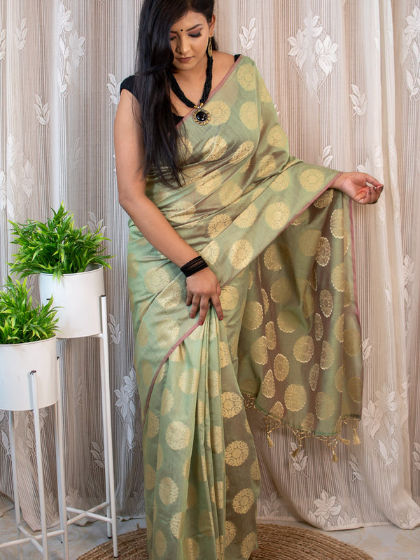 Banarasi Cotton  Silk Saree With Round Buta Weaving-Green