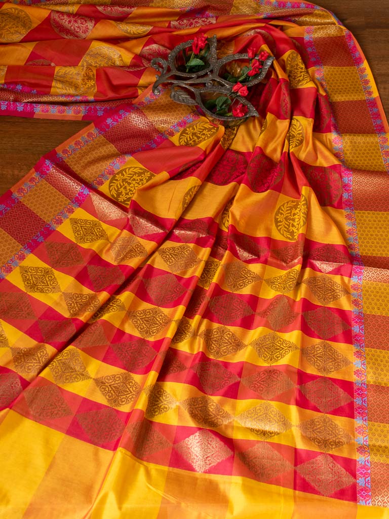 Banarasi Semi Silk Check Patterned Saree With Zari Weaving -Yellow