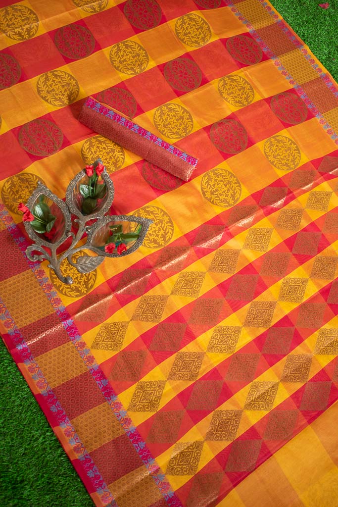 Banarasi Semi Silk Check Patterned Saree With Zari Weaving -Yellow