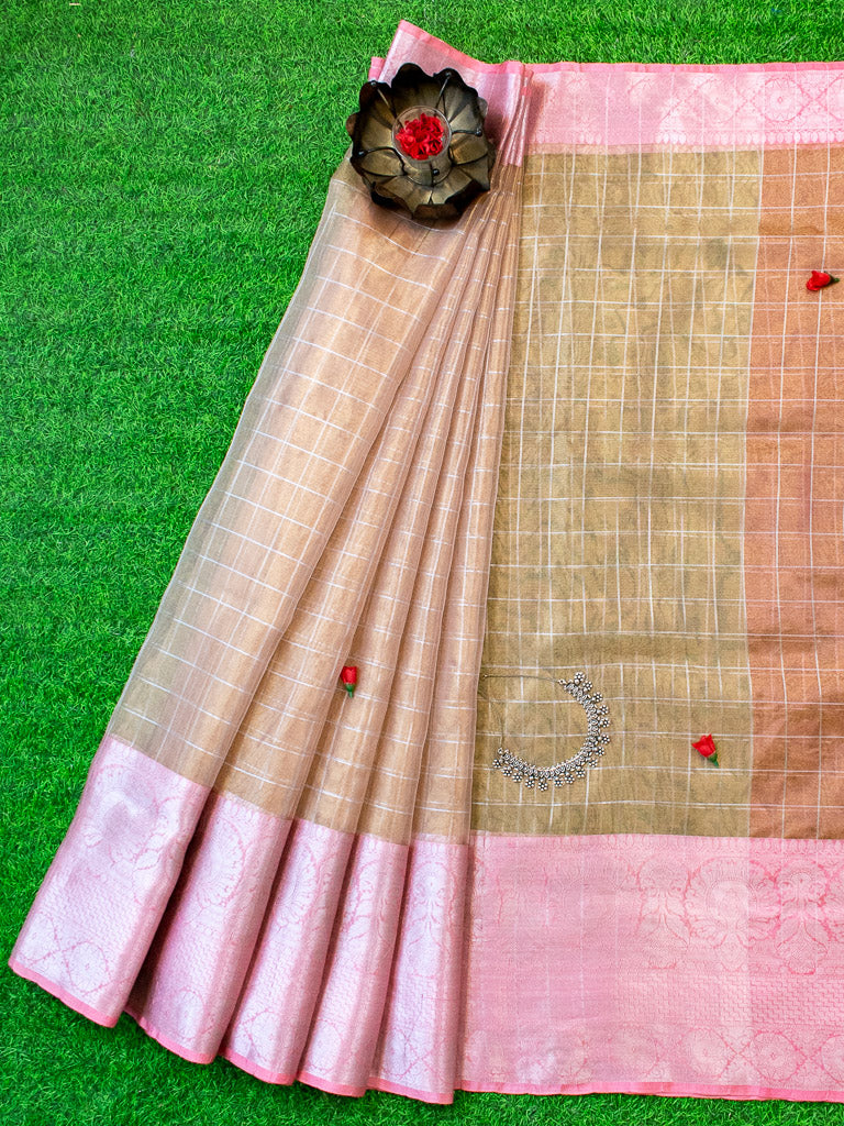 Banarasi Organza Saree With Zari Weaving & Contrast Skirt Border-Pink